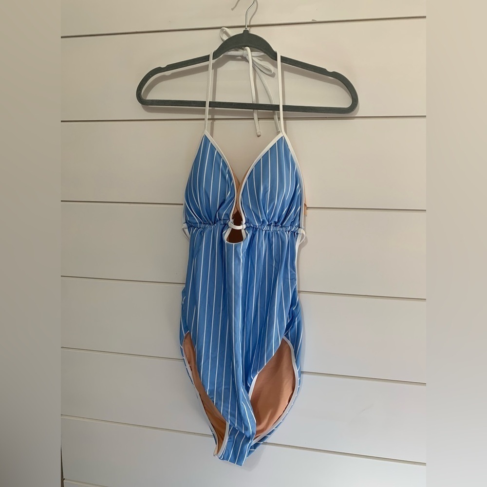 J. Crew Cutout one-piece swimsuit in stripe Blue and White Size 18 NWT - Picture 9 of 9